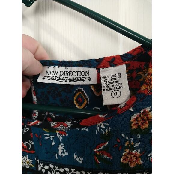 New Direction Woman's XL Blouse Patchwork Floral Boho Chic Flare 3/4 Sleeves - Picture 3 of 9